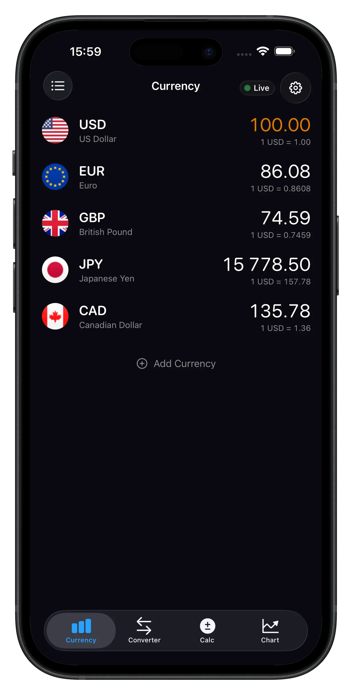 Currency Converter Calculator — main screen with live exchange rates