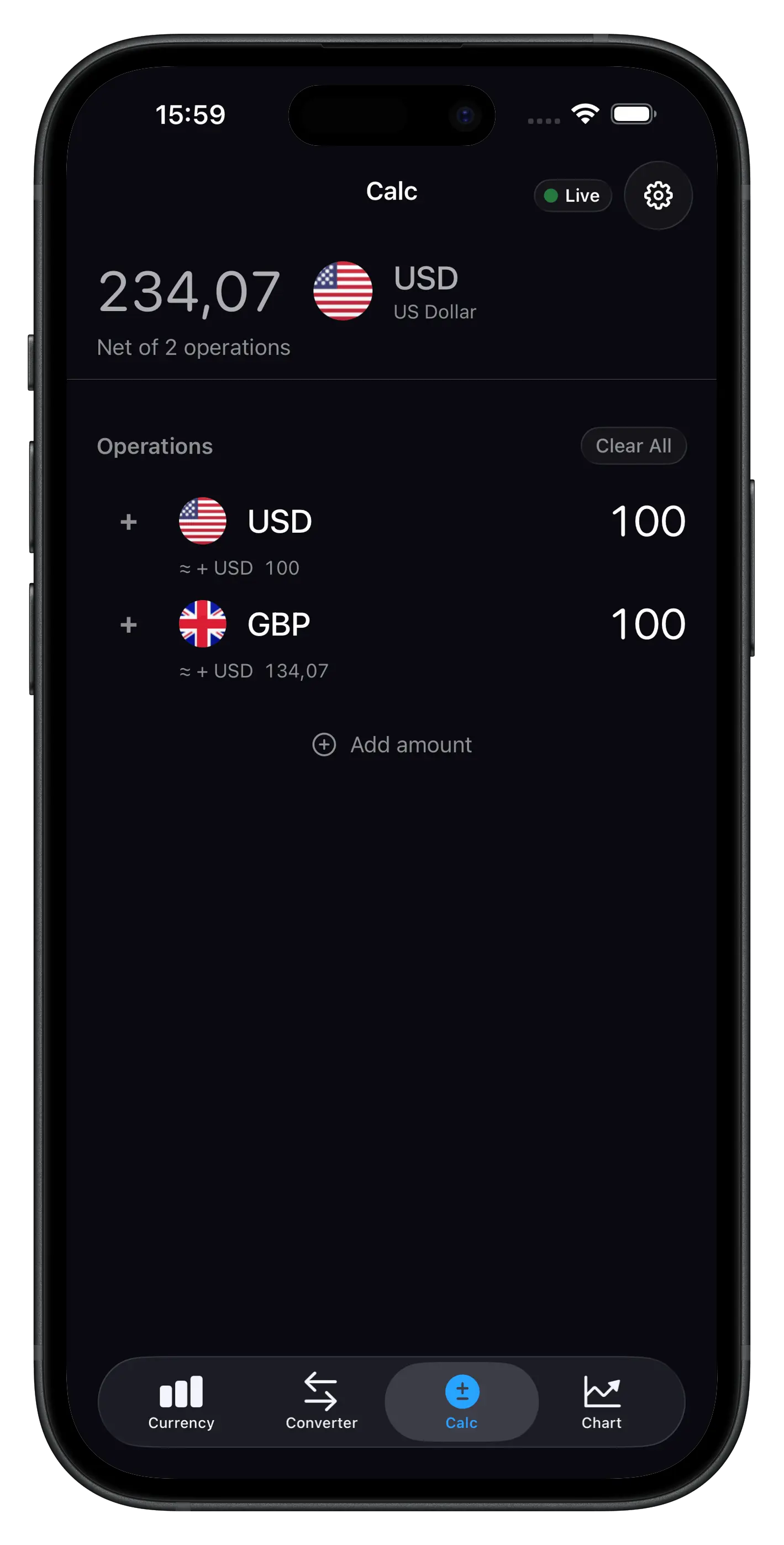 Multi-currency calculator — add amounts in different currencies