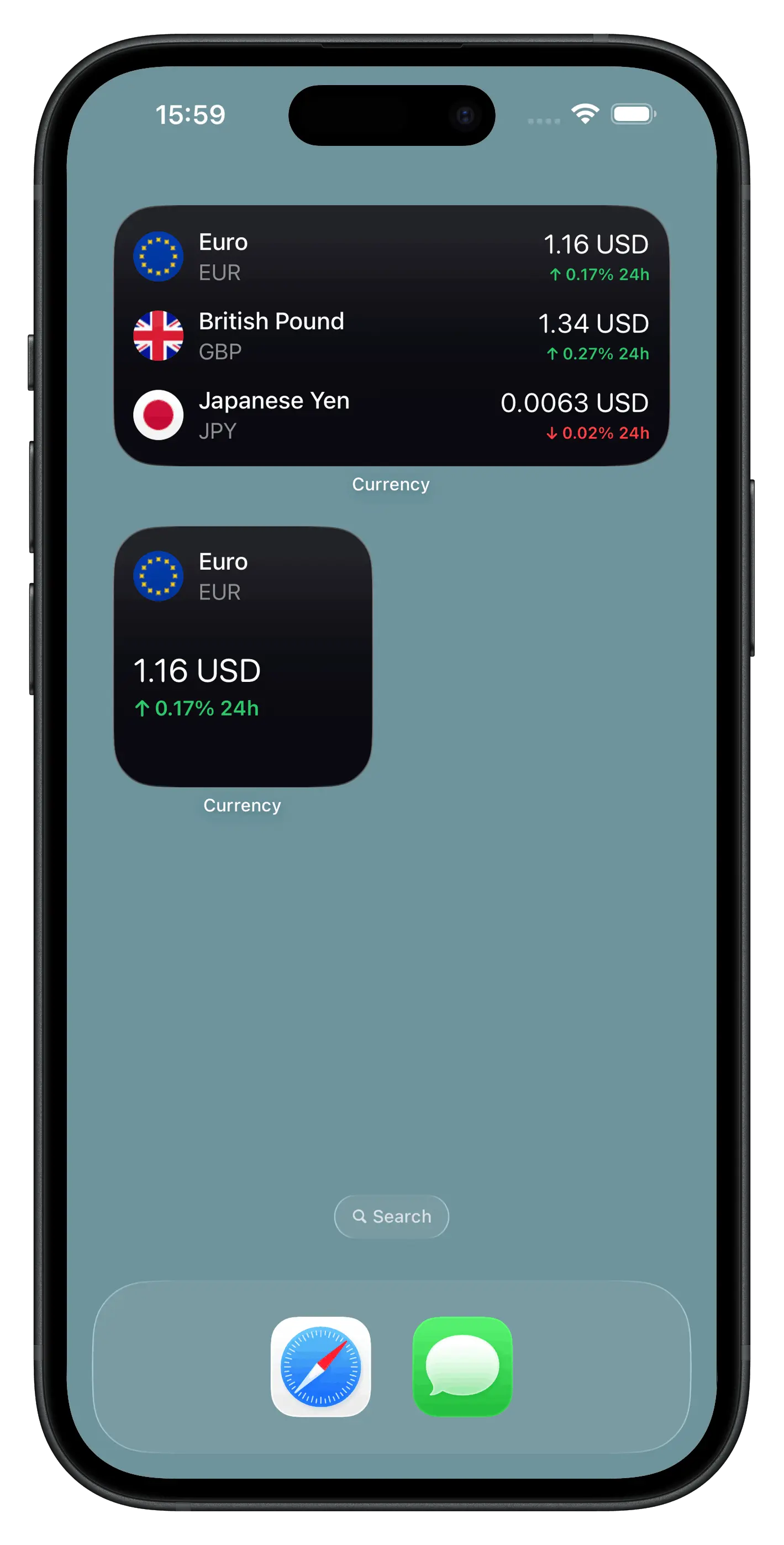iPhone home screen currency widget showing live exchange rates